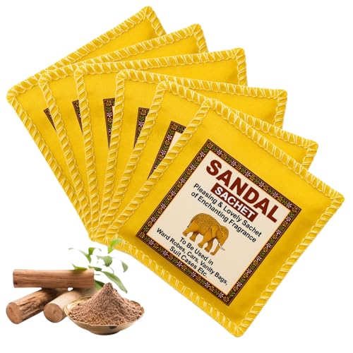 Mysore Sandalwood Fragrance Sachets (6 Pack) | Natural Sandalwood Powder |Eco-Friendly Cloth Pouch | Long-Lasting Freshener for Wardrobe,Cars, Bathroom, Closet, Saree, Cupboard (Sandalwood, 6)