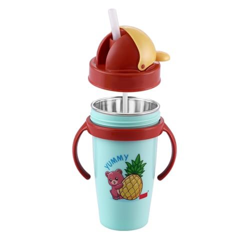 Nabhya Inner Stainless Steel & Outer Plastic 360ml BPA-Free Cute Animal Design Baby Sipper Kids Water Bottle with Straw and Side Handle for Kids (Blue)