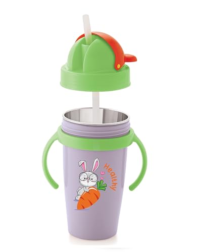 Nabhya Inner Stainless Steel & Outer Plastic 360ml BPA-Free Cute Animal Design Baby Sipper Kids Water Bottle with Straw and Side Handle for Kids (Purplee)