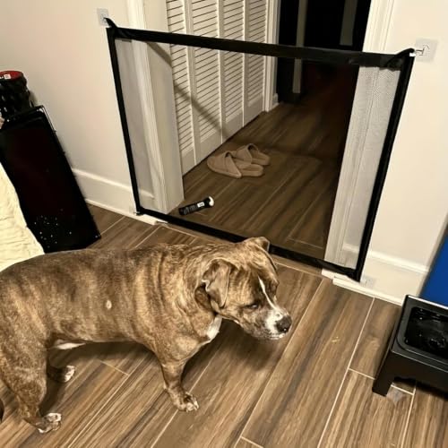 Ndola Drill-Free Mesh Pet Gate & Baby Safety Barrier for Doors and Staircases | Portable & Retractable Pet Net | Instant-Install Adhesive Hooks - Black (110 * 72cm.