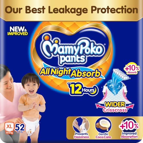 New Mamypoko Pants Premium All Night Absorb| Pant Style Baby Diapers X- Large Size(XL), 52 Count, Ideal for 12-17Kgs|1 Diaper= Upto All Night Absorption now with 10% increased power|Wider Crisscross Sheet|Gentle Coco Care| 12hr Leakage Protection| Prevents Heaviness.