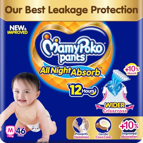 New Mamypoko Pants Premium All Night Absorb| Pant Style Baby Diapers Medium Size(M), 46 Count, Ideal for 7-12Kgs|1 Diaper= Upto All Night Absorption now with 10% increased power|Wider Crisscross Sheet|Gentle Coco Care| 12hr Leakage Protection| Prevents Heaviness.