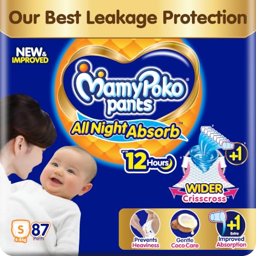 New Mamypoko Pants Premium All Night Absorb| Pant Style Baby Diapers Small Size(S), 87 Count, Ideal for 4-8Kgs|1 Diaper= Upto All Night Absorption now with increased power of +1glass|Wider Crisscross Sheet|Gentle Coco Care| 12hr Leakage Protection| Prevents Heaviness.