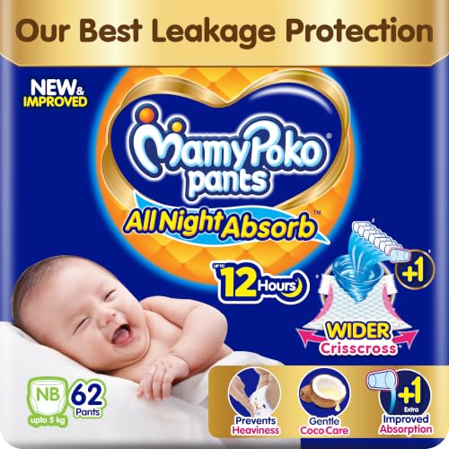 New Mamypoko Pants Premium All Night Absorb| Pant Style Baby Diapers New Born Size(XS), 62 Count, Ideal for up to 5Kgs|1 Diaper= Upto All Night Absorption now with increased power of +1glass|Wider Crisscross Sheet|Gentle Coco Care| 12hr Leakage Protection|Prevents Heaviness.