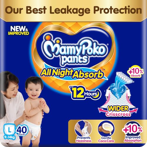 New Mamypoko Pants Premium All Night Absorb| Pant Style Baby Diapers Large Size(L), 40 Count, Ideal for 9-14Kgs|1 Diaper= Upto All Night Absorption now with 10% increased power|Wider Crisscross Sheet|Gentle Coco Care| 12hr Leakage Protection| Prevents Heaviness.