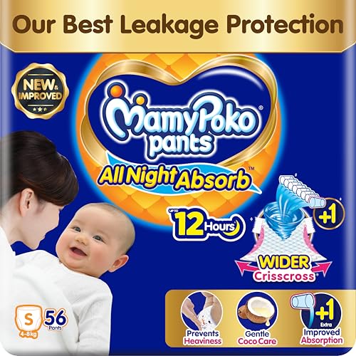 New Mamypoko Pants Premium All Night Absorb| Pant Style Baby Diapers Small Size(S), 56 Count, Ideal for 4-8Kgs|1 Diaper= Upto All Night Absorption now with increased power of +1glass|Wider Crisscross Sheet|Gentle Coco Care| 12hr Leakage Protection| Prevents Heaviness.