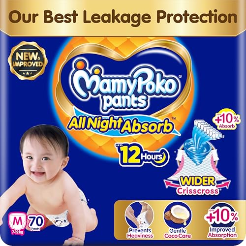 New Mamypoko Pants Premium All Night Absorb| Pant Style Baby Diapers Medium Size(M), 70 Count, Ideal for 7-12Kgs|1 Diaper= Upto All Night Absorption now with 10% increased power|Wider Crisscross Sheet|Gentle Coco Care| 12hr Leakage Protection| Prevents Heaviness.