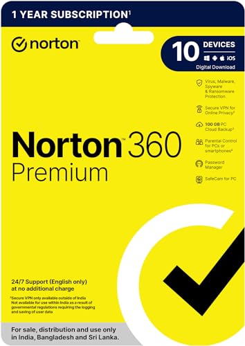 Norton 360 Premium|10 Users 1 Year|Total Security for PC, Mac, Android or iOS|Additionally Includes Password Manager,PC Cloud Back Up, SafeCam for PC|Physical Delivery |No CD