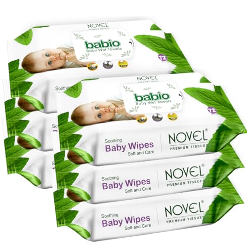 Novel Babio Baby Wet Wipes 72 Wipes x Pack of 6 (432 Wipes) | Aloe Vera, Chamomile, Jojaba Oil, Vitamin E Enriched | pH Balanced, Alcohol, Hypoallergenic & Paraben-Free | Extra Thick & Moist wet | Anti Rash Soft Gentle Baby Wipes without Lid