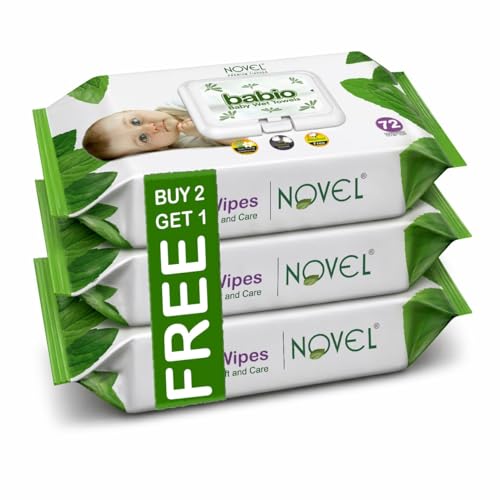 Novel Baby Wet Wipes 72 Wipes x Pack of 3 (216 Wipes) | Aloe Vera, Chamomile, Vitamin E Enriched | pH Balanced, Alcohol, Hypoallergenic & Paraben-Free | Soft Gentle Baby Wipes with Lid