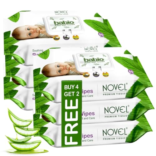 Novel Baby Wet Wipes 80 Wipes x Pack of 6 (480 Wipes) | Aloe Vera, Chamomile, Jojaba Oil, Vitamin E Enriched | pH Balanced, Alcohol, Hypoallergenic & Paraben-Free | Extra Thick & Moist wet | Anti Rash Soft Gentle Baby Wipes with Lid
