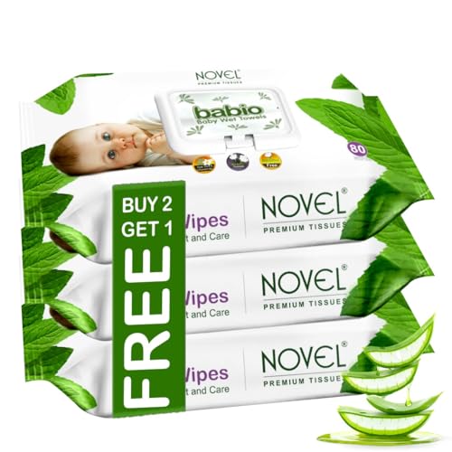 Novel Baby Wet Wipes 80 Wipes x Pack of 3 (240 Wipes) | Aloe Vera, Chamomile, Jojaba Oil, Vitamin E Enriched | pH Balanced, Alcohol, Hypoallergenic & Paraben-Free | Extra Thick & Moist wet | Anti Rash Soft Gentle Baby Wipes with Lid