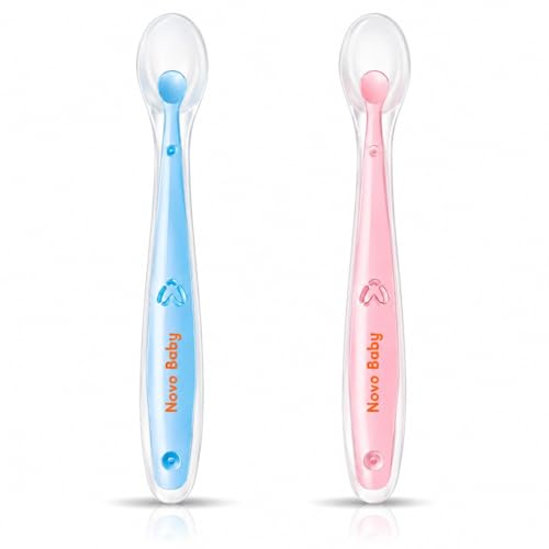 Novo Baby Silicone Spoon for Baby | Set of 2 Feeding Spoons with Ultra-Soft 100% Food-Grade Silicone Tips, BPA-Free Utensils for Baby Weaning, Ideal for Infants 4M+ (Pink & Blue)