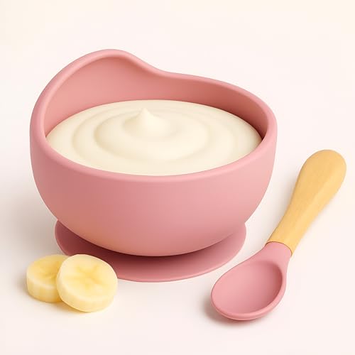 NOWFLY Baby Feeding Bowl & Spoon Set | Silicone Suction Bowl for Baby Food | BPA-Free Baby Bowl and Spoon Set | (Wine red)