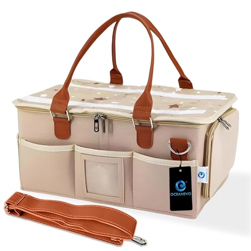 OCEANEVO Cute Felt Diaper Caddy Organizer Bag with Lid and Removable Shoulder Strap | Baby Basket Essentials for Newborn Baby Products Storage with Compartments | 40 x 27 x 19 cm | Model 2 – Beige