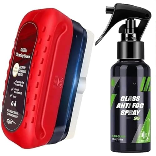 Oil Film Cleaning Brush & Car Glass Cleaner Anti-Fog Spray | Windshield Defogger & Stain Remover for Interior & Exterior | Anti-Mist, Oil Stain Remover for Car Windows, Mirrors & Glass