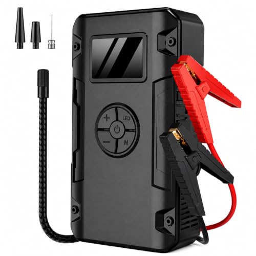 OLV Portable & Rechargeable Tyre Inflator & Multifunctional Jump Starter 8000 mAh Battery, LED Display, Type-C Fast Charging, 150 PSI, For Car, Bike & Sports Balls