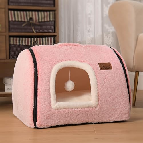 OMLIVLIES cat Bed cave-cat beds for Indoor Cats,Soft and Comfortable Cute cat Bed，cat House,with Removable Washable Cushioned Pillow,Enclosed pet Bed,Kitty pet hut、Hideaway,Small Large Dog Tent (Pink)