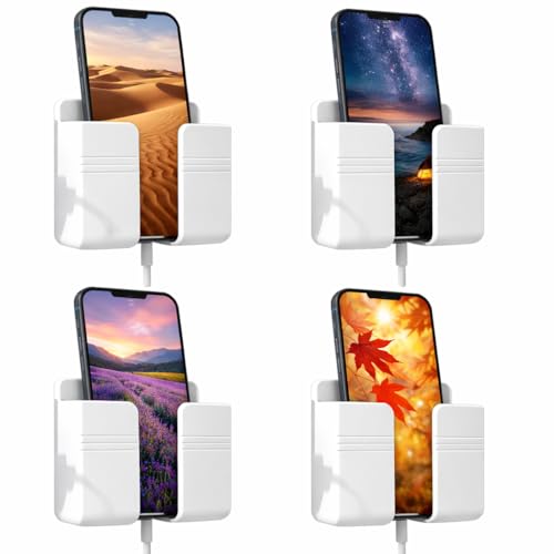 omne TECH Wall Mount Mobile Holder with Charging Support & Dual Hooks | Pack of 4 Phone Stands for Bathroom, Kitchen, Bedroom | ABS Plastic