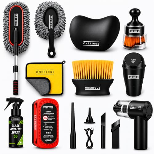 ONERIOUS® 10 PCS Car Cleaning Kit Combo with Portable Car Vacuum Cleaner | Car Memory Foam Pillow with Car Dustbin, Detailing Brush, Microfiber Cloth, SUVs Cleaning Kit