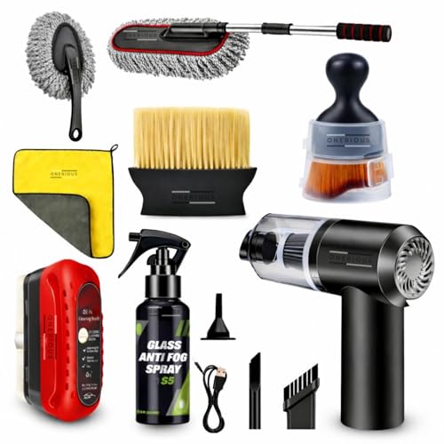 ONERIOUS® 8 PCS Car Cleaning Kit Combo with Portable Car Vacuum Cleaner | Car Memory Foam Pillow with Car Dustbin, Detailing Brush, Microfiber Cloth, SUVs Cleaning Kit (Medium 8 Pack)