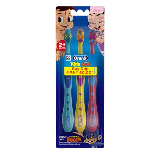 Oral-B Kids Chhota Bheem Manual Toothbrush, Extra Soft Bristles, Easy To Hold Handle Pack Of 3 (Age 2+), Multicolour