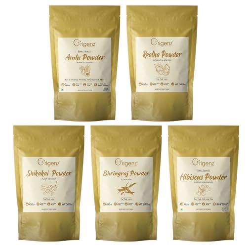 Origenz Hair Care 5 Powders Combo 1250 Gm (1.25 Kg) - Amla Reetha Shikakai Bhringraj Hibiscus Powder Pack for Wash, Healthy Scalp, Nourishment, Mask, Helps to Control Dandruff, Hairfall | Natural Cleanser | In Pouch (250 gm X 5)