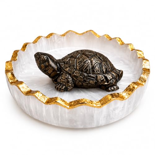 Original Certified Pyrite Tortoise (3x1 Inch) with Selenite Charging Plate, Vastu & Feng Shui Crystal Turtle for Good Luck, Wealth & Prosperity, Home Decor for Living Room & Office