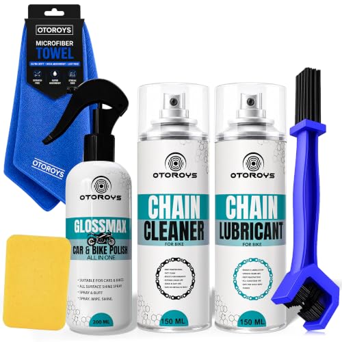 OTO2EYE Motorcycle Chain Cleaning & Maintenance Kit Chain Cleaner (150ml), Chain Lube (150ml), Bike Polish Spray (200ml), Chain Cleaning Brush & Microfiber Cloth | All-in-One Bike Care Accessories