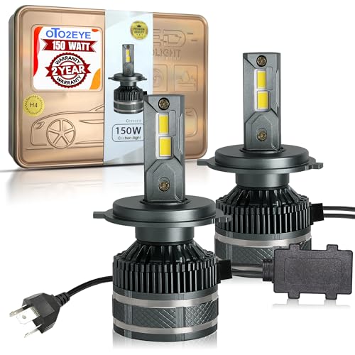OTO2EYE Super Bright H4 LED Car Headlight Bulbs Hi & Lo Beam 15000LM 6500K, 150W, LED Headlight Auto Conversion Driving Lamp with 2 Years Warranty (Cool White) (150W, H4)