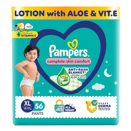 Pampers Complete Skin Comfort Pants, (XL) 56 Count, Anti-rash blanket, Lotion with Vitamin E & Aloe Vera, Extra Large size baby diapers, 12-17kg