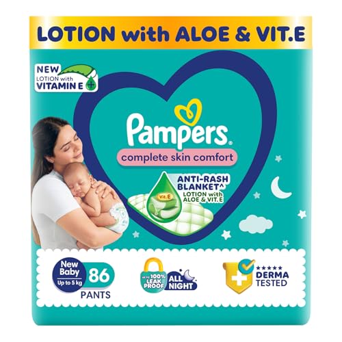 Pampers Complete Skin Comfort Pants, (NB,XS) 86 Count Anti-Rash Blanket, Lotion with Vitamin E & Aloe Vera, New Born, Extra Small Size Baby Diapers, Upto 5kg