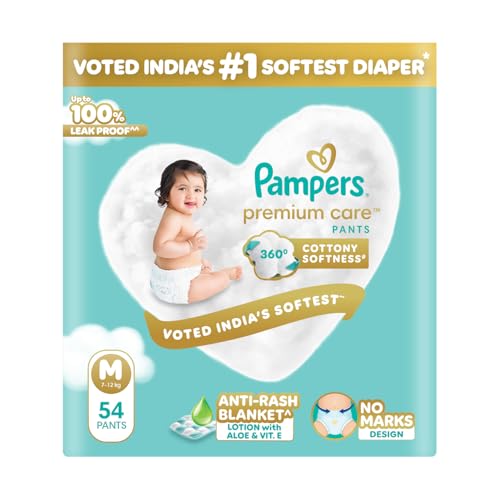 Pampers Premium Care Pant Style Baby Diapers M 54 Count | No Marks Design | Voted India’s #1 Softest Diaper | All in 1 diaper with 360 Cottony Softness