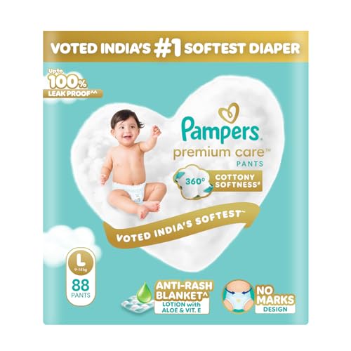 Pampers Premium Care Pant Style Baby Diapers L 88 Count | No Marks Design | Voted India’s #1 Softest Diaper | All in 1 diaper with 360 Cottony Softness