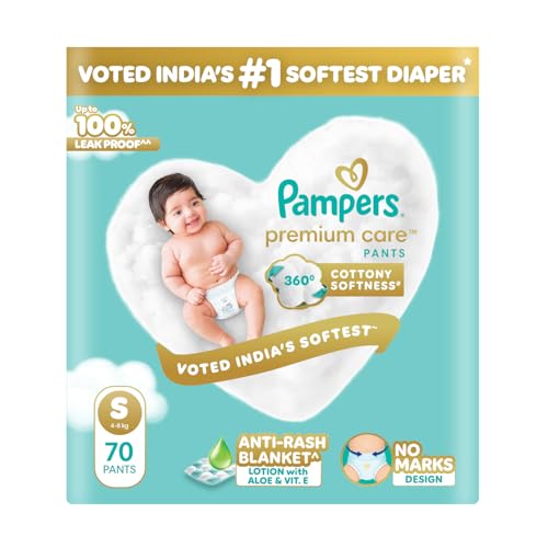 Pampers Premium Care Pant Style Baby Diapers S 70 Count | No Marks Design | Voted India’s #1 Softest Diaper | All in 1 diaper with 360 Cottony Softness