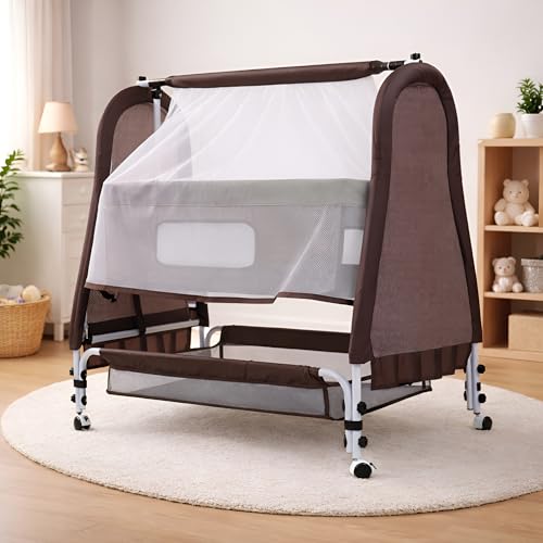 PANDAORIGINALS Jumbo Baby Cradle|Soft Cushion Baby Jhula/Paalna Cute cot with Mosquito Net for 0-9 Months Boys and Girls Super Strong Soft Cushion and Swing Lock Function (Royal Brown)