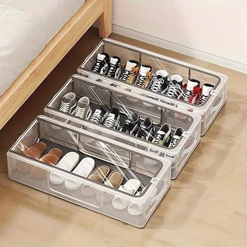 Parssufy Shoe Storage Box, Shoe Organizer for Closet, Clear Plastic Stackable Shoe Boxes, Space Saving Foldable Sneaker Shoe Rack Containers Bin Holder (3), 60X30X15 Cm