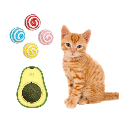 Pawbabas 5-in-1 Cat Toy Combo Pack | Avocado Catnip Toy + 4 Knitted Soft Balls | Fun Chase, Chew & Play Set for Kittens & Adult Cats | Safe, Lightweight, Interactive Indoor Activity Toys