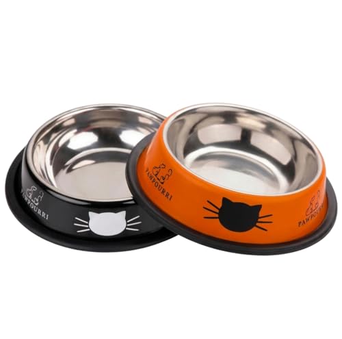PAWPOURRI Anti Skid,Non-Slip Cat Feeding Bowl for Kitten, Stainless Steel Cat Bowl, Pack of 2 (240ml, Black & Orange)