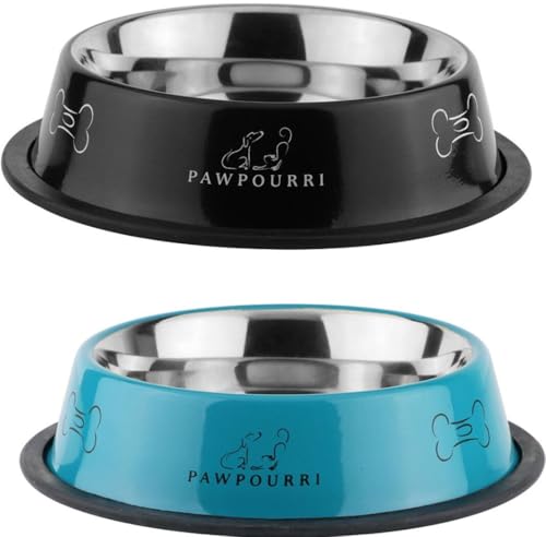 PAWPOURRI Combo of Anti-Skid Feeding Bowls for Dogs, Cats & Puppy Pet Bowl Pack 2 Stainless Steel Pet Bowl (700 ml Each, Black & Blue)
