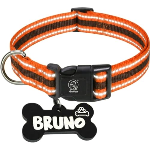 PAWPRO HANDMADE Nylon Reflective Dog Collar With Customizable Bone-Shaped Tag Adjustable For Safety And Comfort, Fits 35-50 Cm Neck Black (Orange, Medium)