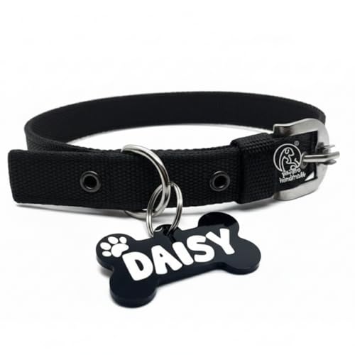 PAWPRO HANDMADE Personalized Black Dog Collar Nylon Belt With Customizable Bone Shape Dog Name Tag 30Cm -50Cm Soft Comfy Pet Collar For Small Medium Large Dogs(Small, Black), 1 Label