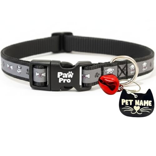 PAWPRO HANDMADE Reflective Pet Collar with Custom ID Tag – Adjustable Collar with Bell for Cats & Small Dogs – Personalized Name Tag (Gray Sketch)
