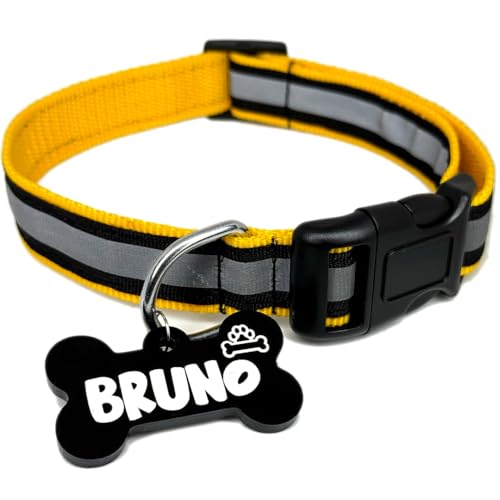 PAWPRO HANDMADE Reflective Yellow Nylon Dog Collar with Custom Engraved Bone ID Tag- Adjustable for Medium Dogs (15-21 inch) - Durable, Safe & Comfortable (Yellow-Medium)