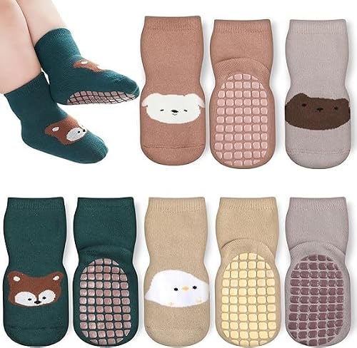 PAZIMIIK Cute Animal Face Non-Slip Grip Socks for Toddler Kids Boys Girls Warm Cozy Soft Cotton Winter Indoor Socks with Rubber Pads Non Skid Aged 1-3 Years (Cat)