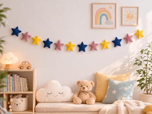 Peach Cuddle Velvet Fabric Star Bunting for Kids Room and Nursery - Wall Decoration Garland in Blue, Yellow, Purple (Pack of 1, 12 Stars, 99 CM)