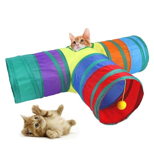 Petbabas 3-Way Pet Tunnels and Activity Toys for Small Animals, Collapsible Rainbow Tunnel with Hanging Ball for Guinea Pig, Ferret, Rabbit