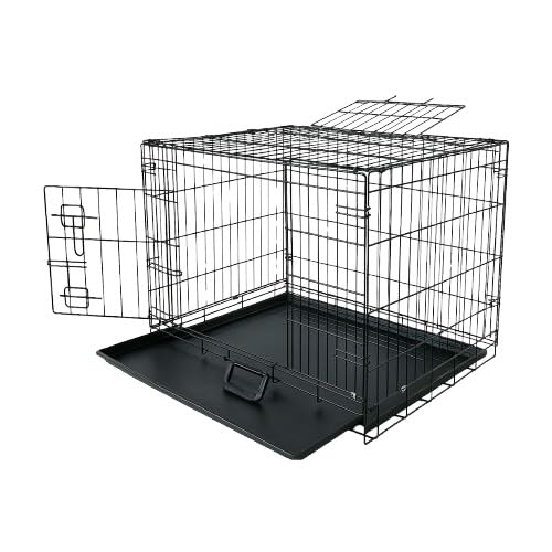 PETJOY Foldable Metal Cage | 24 Inch Dog Crate Kennel for Puppies, Medium Dogs, Cats & Rabbits | Double Door with Secure Lock, Removable Leak-Proof Tray | Portable & Easy to Clean Pet Cage (Black)
