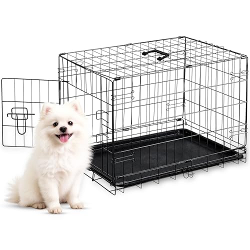 PETJOY Foldable Metal Dog Cage | Dog Crate Kennel for Puppies, Small Dogs, Cats & Rabbits | Single Door with Secure Lock, Removable Leak-Proof Tray | Portable & Easy to Clean Pet Cage (Black, 18 INCH)