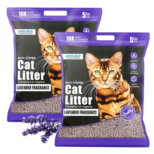 PETOSKA Cat Litter- 10Kg | Lavender Fragrance | Scoopable Bentonite Clay Cat Litter | Advanced Clumping Scented Litter Sand | 99.9% Dust Free | Natural | Odour Control Pack of 2